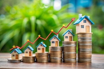 Real estate market growth: houses on coin stacks with rising arrow