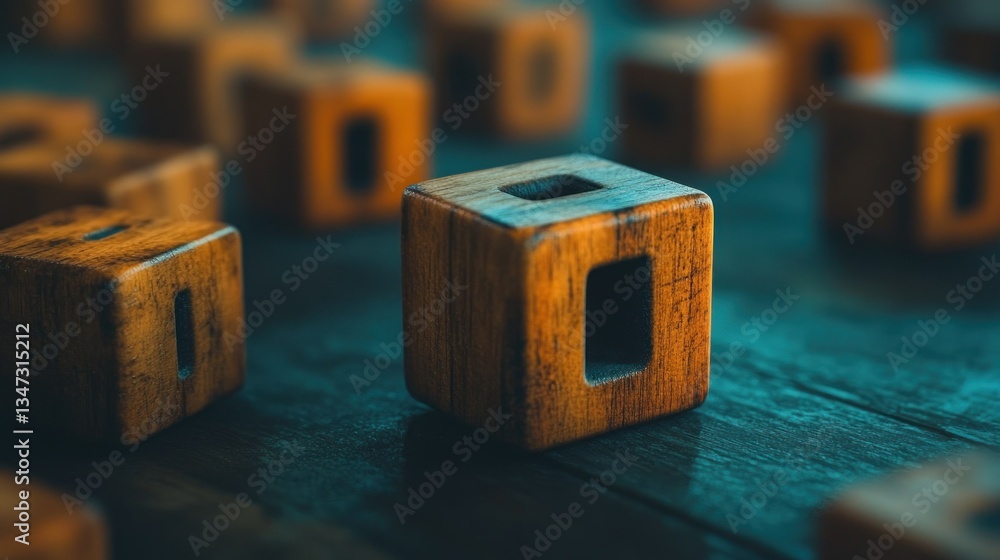 Poster wooden blocks in a close-up view, showcasing a variety of shapes and textures. the image emphasizes 