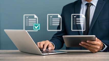 Businessman using laptop and tablet for digital checklist and task management