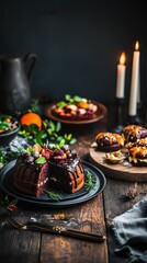 Fototapeta premium Decadent chocolate cake and pastries amid candlelit rustic setting