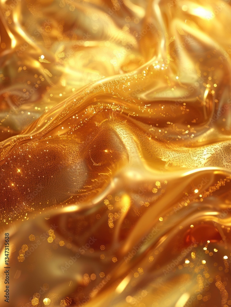 Poster surreal golden glitter dust flows with a molten effect under soft moody lighting, creating glossy de