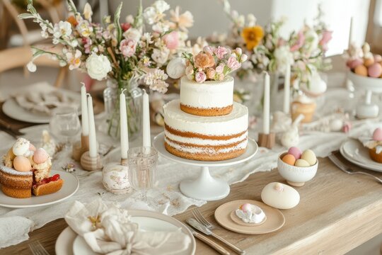 Elegant spring table setting with floral decoration and two-tier naked cake for celebration - Powered by Adobe