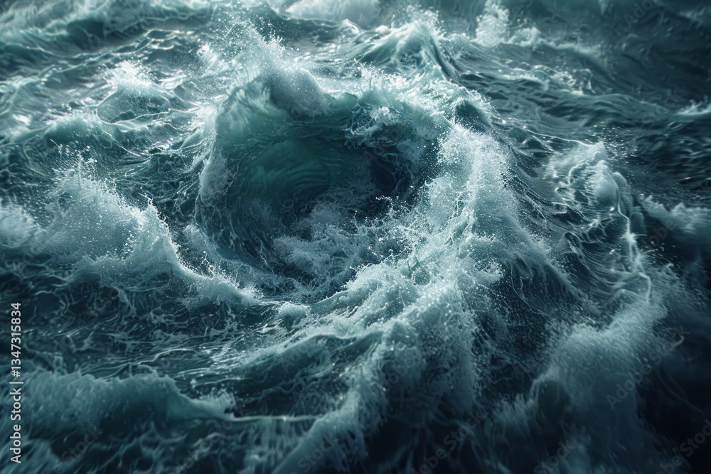Poster a dynamic spiral wave forms in the ocean, showcasing smooth curves and fluid motion under soft moody