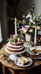 Naklejka premium Rustic floral cake with candles and slices on wooden table for celebratory setting