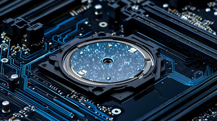 Fototapeta premium Close Up Of A Detailed Blue And Black Computer Motherboard Circuit Board Design Showing Electronic Components