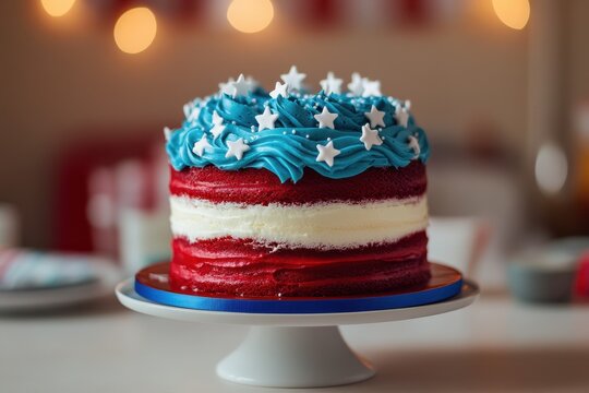 Patriotic red white and blue cake with star decorations on stand