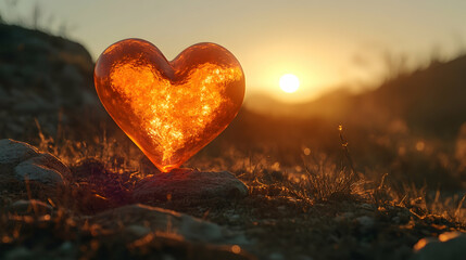 A glowing heart at sunset, symbolizing warmth and love, with space for text
