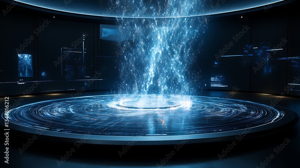 Poster a futuristic physics lab with interactive digital models of the effects of wormholes on spacetime