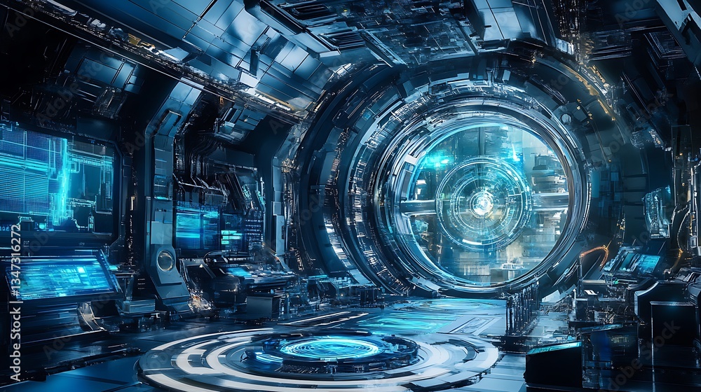 Poster a futuristic physics lab with digital simulations of the interactions between particles in high-ener