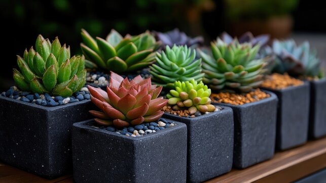 Succulent plants in small gray pots
