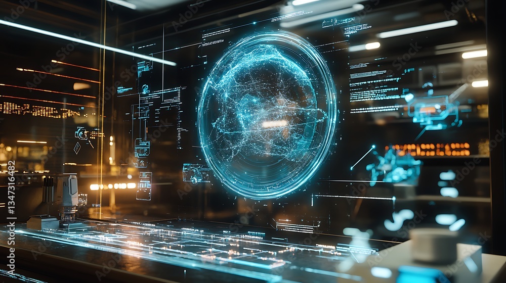 Poster a futuristic physics lab with digital simulations of the interactions between particles in high-ener