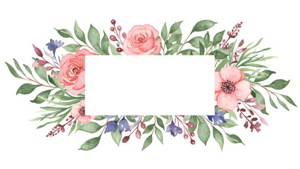 Floral Frame with Watercolor Roses and Leaves for Greeting Card Design