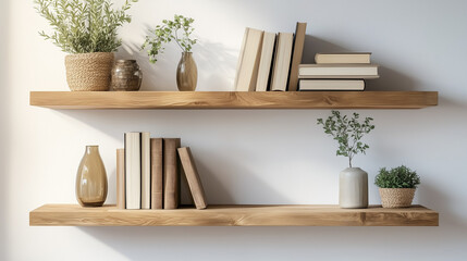 Against the soft, light wall, wooden shelves displayed a curated collection of books and decorative items, creating a warm and inviting focal point.