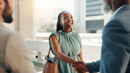 Meeting, smile and handshake with business woman in city for real estate developer, partnership and...