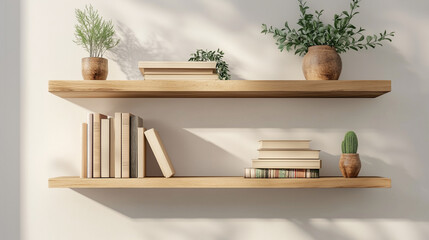 The simple elegance of the wooden shelves, filled with books and carefully chosen decorations, was enhanced by the airy and bright light wall.