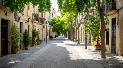 Charming European Street Scene With Stone Paved Road Lined By Buildings And Trees Under Bright Daylight