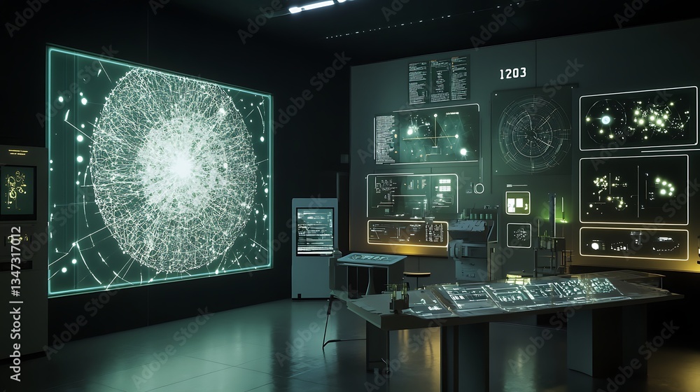 Poster a futuristic physics lab with interactive digital models of the higgs boson and its role in particle