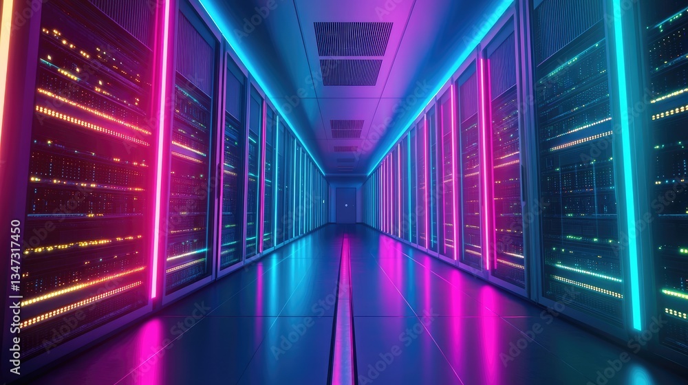 Poster A futuristic data center with neon-lit server racks, symbolizing advanced cloud computing, cybersecurity, and digital infrastructure. Ideal for AI, data storage, and technology concepts
