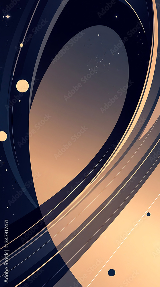Poster abstract cosmic design with swirling shapes and celestial elements in a dark setting