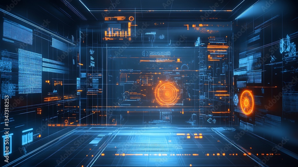 Poster a futuristic physics lab with digital interfaces for exploring the behavior of subatomic particles i