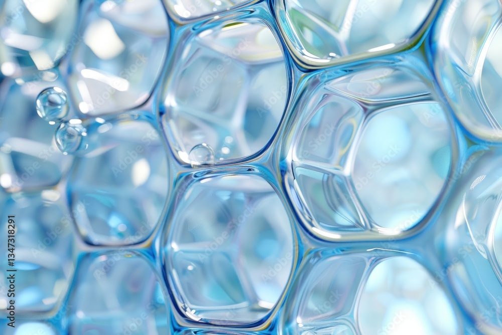 Poster delicate bubbles shift between cells of a transparent honeycomb surface, illuminated by soft, diffus