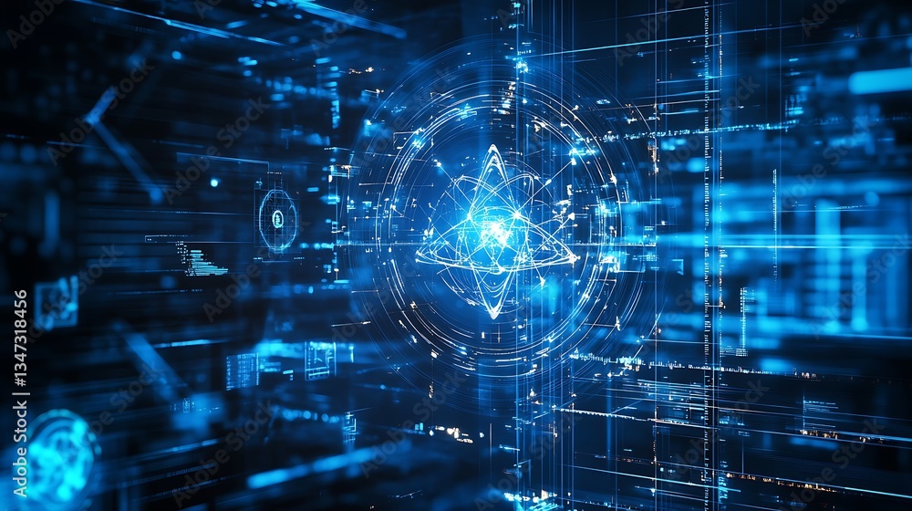 Poster a futuristic physics lab with digital interfaces for exploring the behavior of subatomic particles i