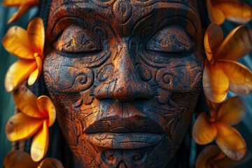 Fototapeta premium Carved wooden mask with floral engravings blends into natural patterns, lit softly for rich textures