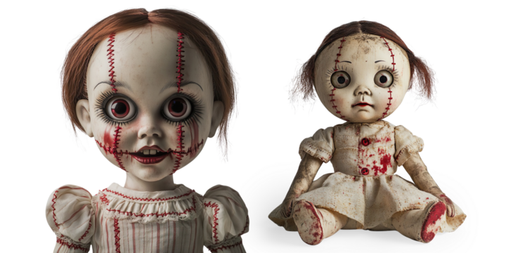 Creepy Vintage Doll with Stitched Face on a Transparent Background