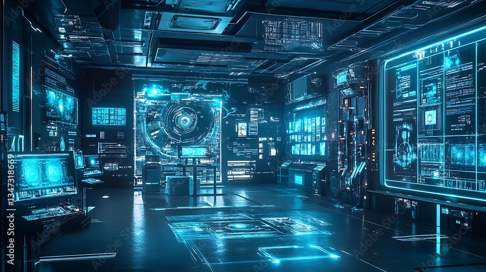 Poster a futuristic physics lab with real-time digital simulations of the behavior of exotic particles in h