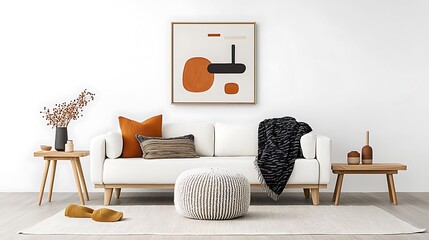 Modern, minimalist living room featuring a comfortable white sofa, accent pillows, and a statement art piece