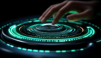 Hand on illuminated control panel, data processing