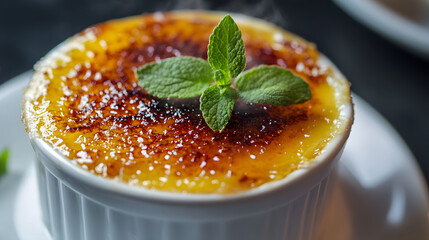 A tempting crÃ¨me brÃ»lÃ©e topped with mint, offering indulgence and warmth.