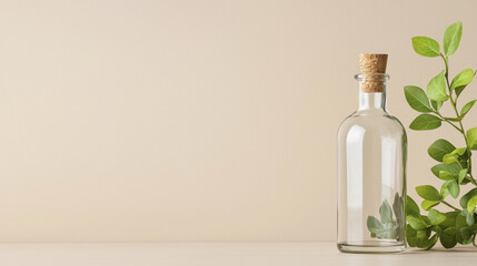 clear glass bottle with cork stopper sits beside fresh green leaves against soft beige background, creating serene and natural atmosphere
