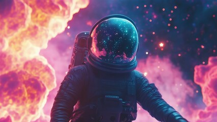 Astronaut in Cosmic Space with Colorful Nebula Background
