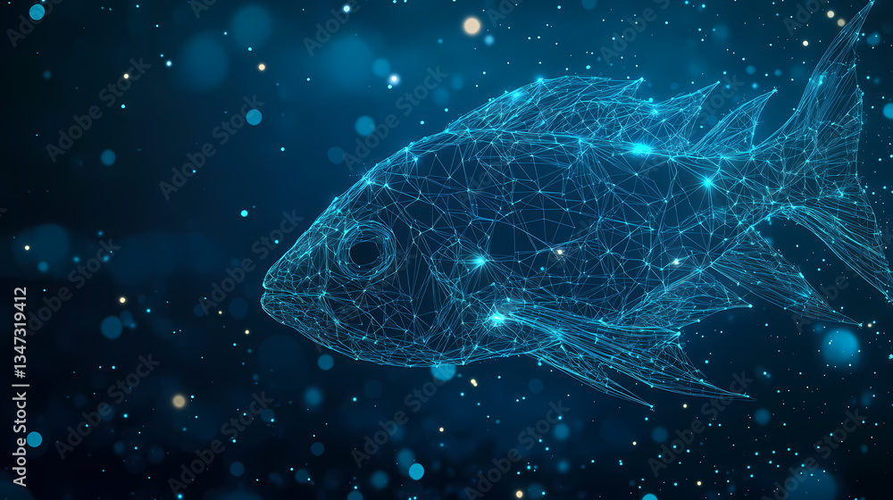 Poster digital fish: an abstract rendering of a fish, composed of glowing digital lines and points, swims t