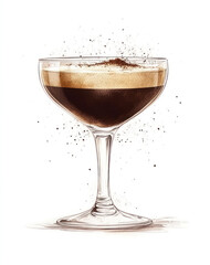 Espresso Martini cocktail in a martini glass with coffee foam and cocoa powder. Watercolor illustration of a coffee-based alcoholic drink