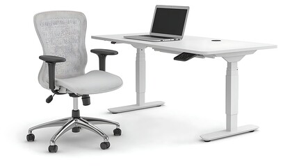 White standing desk, ergonomic chair, office setup