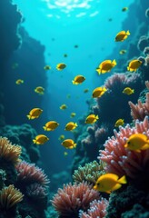Vibrant underwater scene celebrating world aquatic day, showcasing colorful fish swimming among coral reefs in clear blue water.