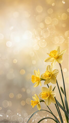 Yellow Daffodils Blooming In Spring With A Soft Golden Bokeh Background. A Symbol Of Renewal, Hope, And Happiness. Ideal For Easter, Mother's Day, And Spring Festivities.