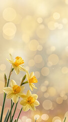 Yellow Daffodils Blooming In Spring With A Soft Golden Bokeh Background. A Symbol Of Renewal, Hope, And Happiness. Ideal For Easter, Mother's Day, And Spring Festivities.