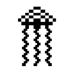 Pixelated jellyfish in monochrome, a digital art piece. The geometric design of the creature