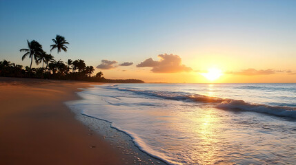 Golden Hour Sunset Over Calm Ocean Waves Along Sandy Beach with Palm Tree Silhouettes