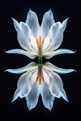 White tulip in a macro close-up, symmetrically reflected on a glossy black surface, highlighting its delicate petals and golden stamens. Floral still life and botanical art concept.