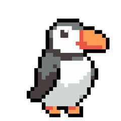 Fototapeta premium Pixel art puffin bird. This charming illustration features a puffin in a pixel art style, perfect for game assets or digital design projects.
