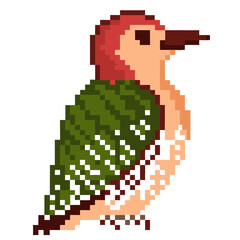 Obraz premium a cute pixel art woodpecker with a red head and green wings