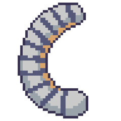 pixel art of a gray and orange caterpillar curved in a C-shape