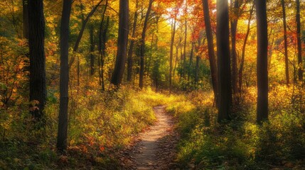 Naklejka premium Autumn trail through vibrant forest, sunlight dappling leaves, peaceful nature scene, ideal for fall themed designs
