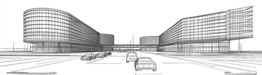 Architectural drawing of modern buildings, parking lot