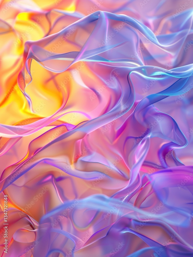 Poster neon colors glow through crinkled plastic, creating a dynamic light display in a vibrant urban setti