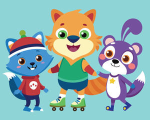 Fototapeta premium Cute Cartoon Animals Roller Skating Together